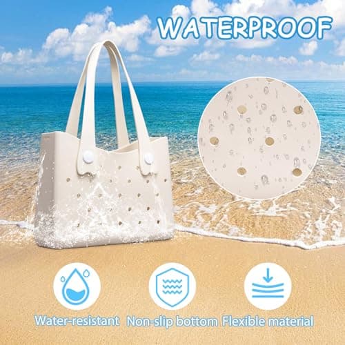 Larcenciel Rubber Beach Tote Bag, Waterproof Washable Durable Beach Bag with Holes, Stylish Large Open Travel Tote Bag, Lightweight Sandproof EVA Handbag for Outdoor, Holiday, Sports,Pool, 35x25x10CM — view 6