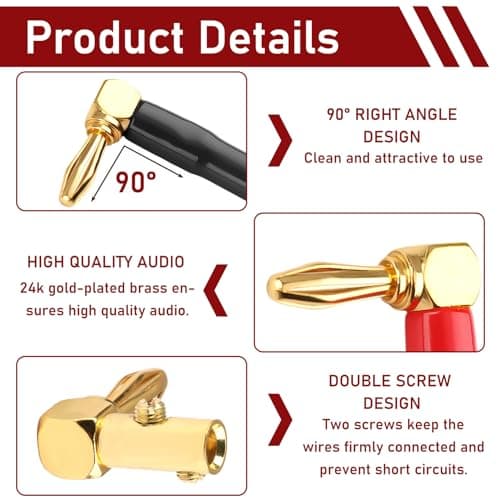 talNite 8-Pack 90 Degree Banana Plugs,24K Gold Plated 4mm Right Angle Audio Connectors for Speaker Wire, Sockets, Amplifier, Dual-Screw Type in Red & Black,And Sound Systems — view 3