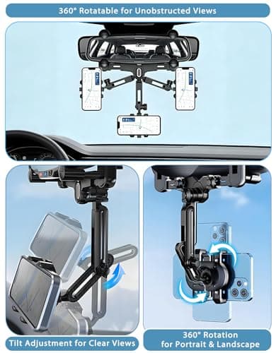 Figtacico Rear View Mirror Phone Holder - 4-Claw Anti-Shake Car Rearview Mirror Smartphone Mount with 360° Rotatable Retractable Adjustable Universal Fit for 4-7 Inch Cell Phones — view 3