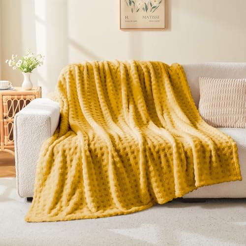 Wajade Fleece Throw Blanket, Fluffy Faux Fur Blanket for Bed Sofa Couch, Soft Warm Thick Blanket,Waffle Yellow-178X203 — view 2