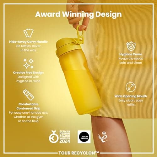 ION8 Sports Water Bottle, 750 ml/24 oz, Leak Proof, Easy to Open, Secure Lock, Dishwasher Safe, BPA Free, Flip Cover, Carry Handle, Soft Touch Contoured Grip, Easy Clean, Odour Free, Yellow — view 6