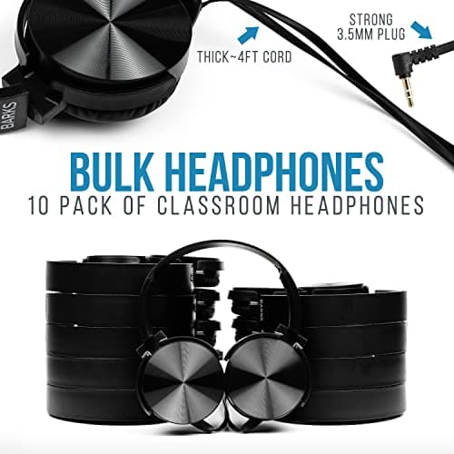 Bulk Classroom Headphones (10 Pack) - On-Ear Premium Student Bulk Headphones: Perfect for Kids, K-12 Classrooms, Schools & Class Sets (Great Value, Durable, Noise Reducing, Comfortable, Easy-to-Clean) — view 2