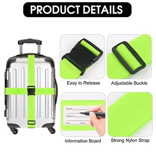 2PCS Luggage Straps and 2pcs Luggage Tags Adjustable Travel Luggage Belts Nylon Packaging Bag Buckle Belt Suitcase Straps for Suitcase, Bag, Boxes (Green) — view 3