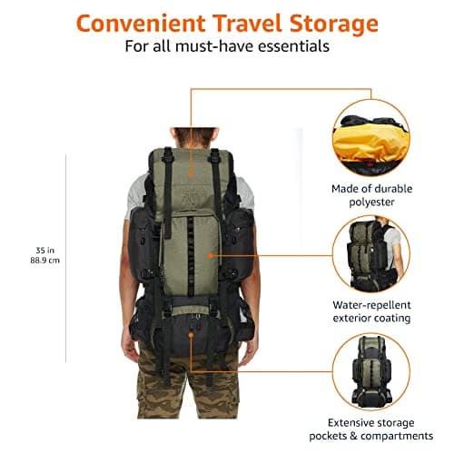 Amazon Basics Internal Frame Waterproof Hiking Backpack Rucksack with Rainfly, 75 L, Green — view 5