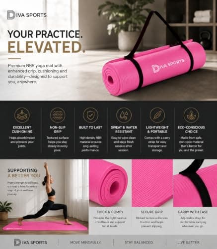 Diva Sports Premium Extra Thick Yoga Mat, 15mm Non-Slip Leather Workout Mat, 180x60cm with Carry Strap (Pink) — view 2