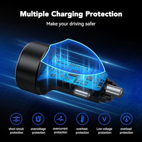 USB C Car Charger With Cable, 78W 4 Port Car Charger Adapter with Voltmeter Car Phone Charger Cigarette Lighter USB Charger Fast Charging for iPhone 16/15/14/13/12, Samsung Galaxy, iPad — view 5