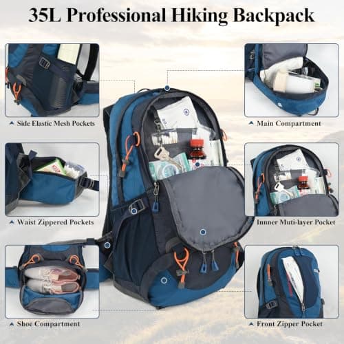 Hiking Backpack 35L, Waterproof Travel Rucksack with Shoe Compartment, Blue — view 3