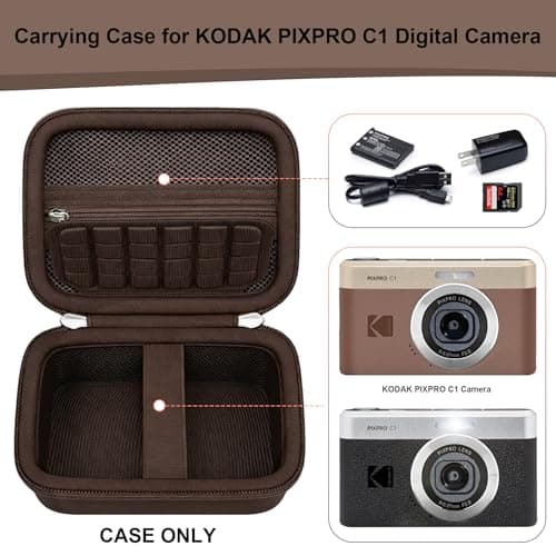 RAIALL Carrying Case for Kodak PIXPRO C1 Friendly Zoom Digital Camera, Point and Shoot Vlogging Camera Hard Travel Bag, Mesh Pocket for Charging Adapter, SD Card, USB Cable and Batteries, Brown — view 3