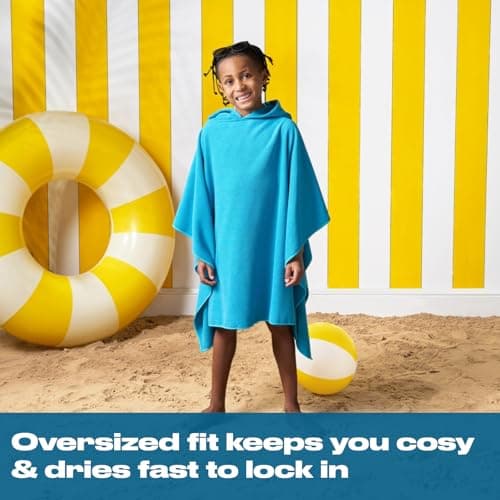 Brentfords Kids Swim Changing Robe, Soft Absorbent Oversized Hooded Towel Poncho for Beach Pool Travel Children Bath Towels Quick Dry Lightweight Swimming Towels, Sea Blue — view 3