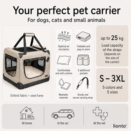 lionto Foldable Dog Crate for Travel and Car, 60 x 42 x 44 cm, Black — view 2