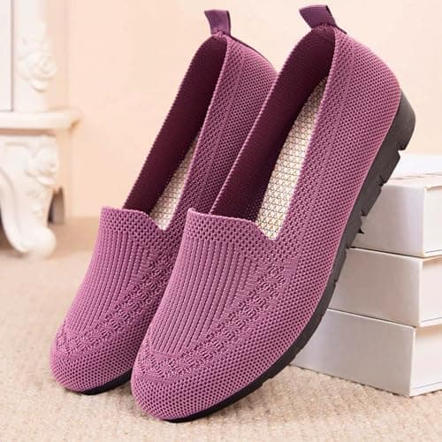Women's Lightweight Knitted Loafers Casual Flat Shoes Orthopedic Comfortable Boat Shoes Flat Bottomed Breathable Shoes Retro Walking Flats Purple — view 2