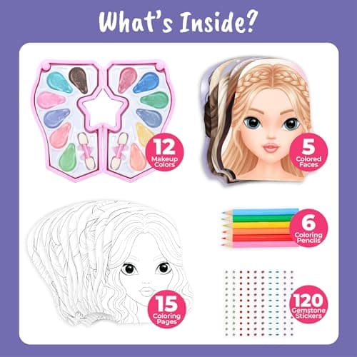 BSCOOL Makeup Designer Kit for Kids – 12 Cream Eyeshadows, Practice Activity Book with 20 Pages, Gemstone Stickers, Colored Pencils, Brushes & Mirror – Creative Beauty Play Set for Girls 5 and up — view 3