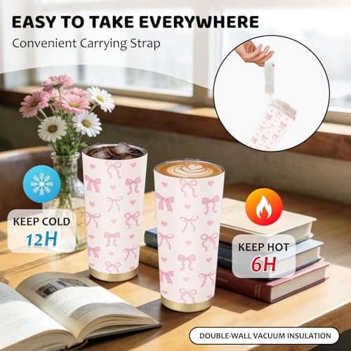 NEIUJADK Pink Bow Tumbler Stainless Steel 2-in-1 Lid Coffee Tumbler 18 oz Coquette Bow Print Insulated Travel Coffee Mug Bows Water Bottle for Women Girls Birthday Christmas — view 5