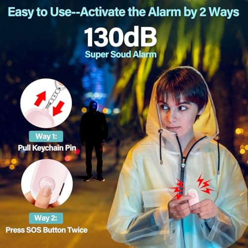 Hion Safe Personal Alarm for Women,Rechargeable 130dB Police Approved Rape Rope Alarm with LED Flashlight Self Defense Keychain,Panic Attack Safety Alarm for Girl Kid Elderly Student(Pink） — view 2