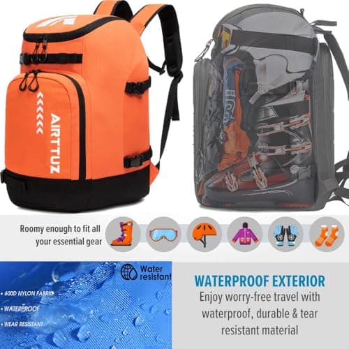 AIRTTUZ Ski Boot Bag - Ski and Snowboard Boots Backpack，Excellent for Travel with Waterproof Exterior & Bottom - for Men, Women and Youth. (ORANGE) — view 3