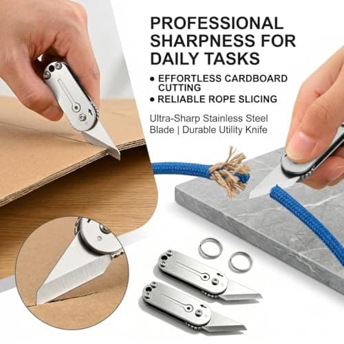 2 Pcs Small Box Cutter, Pocket Box Opener Tool, Compact Stainless Steel Box Cutter Keyring, EDC Multi Tool, Small Multitool, Gadget Tools for Men, Home Office Warehouse DIY Use — view 4