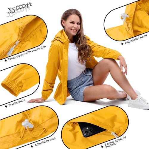 33,000ft Women's Lightweight Rain Jackets Hooded Breathable Packable Running Raincoats Active Trench Windbreaker with Hideaway Hood for Cycling Hiking (Golden S/UK 10) — view 5