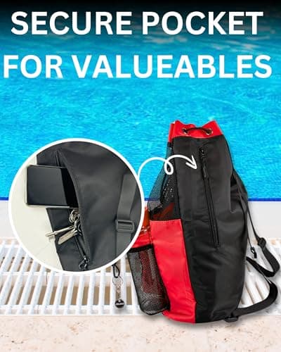 JIMJOOS Drawstring Mesh Swimming Bag - 25L Waterproof Swim Bag with Wet/Dry Compartment, Multifunctional Sports Backpack for Kids, Adults, Swimming, Surfing, Beach, Gym (RED) — view 3