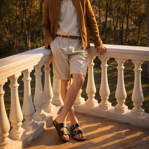 FITORY Mens Leather Sandals, Cork Footbed Slides for Summer Black Size 8.5 — view 2