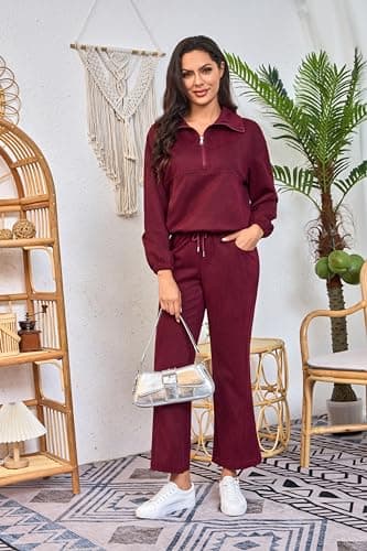 HAOZHIYU Womens 2 Piece Sets Travel Outfits Half Zip Sweatshirt And Wide Leg Sweatpant Airport Outfits for Women 2025, Burgundy, M — view 2