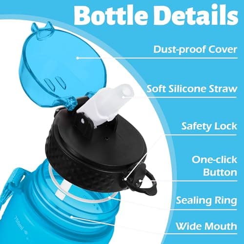 OLDLEY 750ml/25oz Water Bottles with Straw BPA Free Tritan Water Bottles for Gym School Sports Travel Leakproof Time Markings Drink Bottles Reusable Hydrate for Adult Kids Women Men(Blue, 1 Lid) — view 2