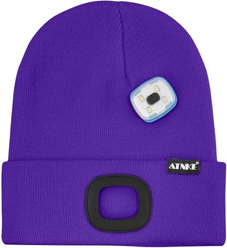 ATNKE LED Lighted Beanie Hat, USB Type C Rechargeable 4 LED Running Headlamp Ultra Bright Cap with Light Hands Free Head Torch Winter Warm Knit Beany Gifts for Men and Women/Purple — view 3