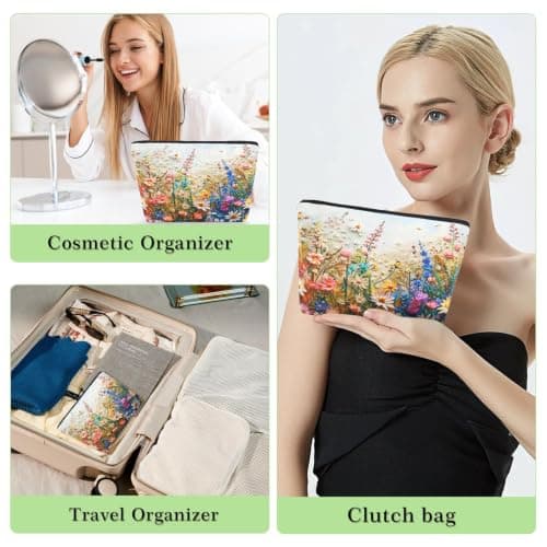 DAMILY Makeup Bag Small Floral Canvas Cosmetic Bags for Women Zipper Purse — view 4