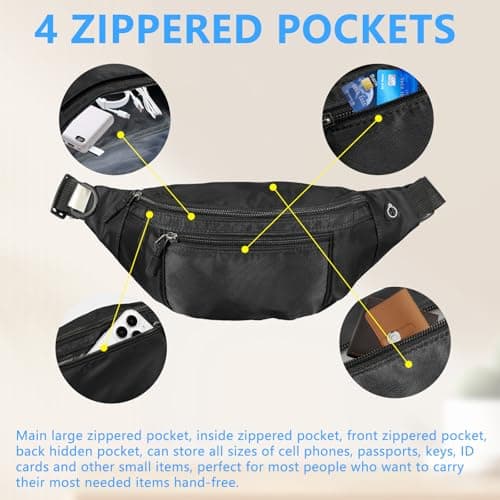 Bum Bag Crossbody Fanny Pack for Ladies Men Women Oxford Cloth Waterproof Waist Bag with Hidden Zipper Pockets Adjustable Strap for Sport Running Hiking Jogging Travel(Black) — view 3