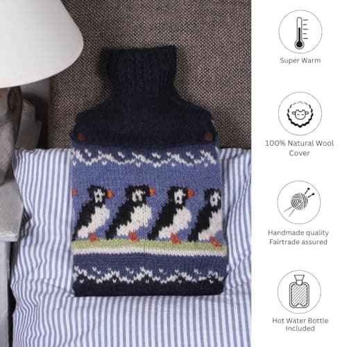 Pachamama Handknitted 100% Wool Hot Water Bottle Cover and 2 Litre Hot Water Bottle - Puffin Pattern Handmade Fair Trade Multicoloured Thermal — view 2