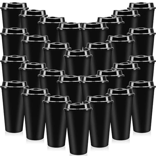 30 Pack Black Reusable Coffee Cups with Lids, 450ml Plastic Travel Tumblers