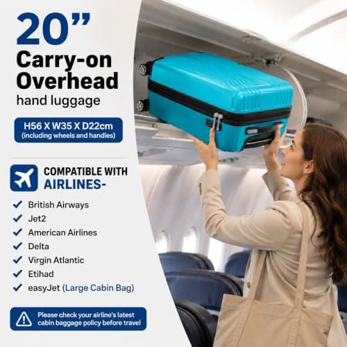 DK Luggage Carry-on 20 Inch Cabin Virgin Atlantic, EasyJet, BA, Jet 2 Hard Shell Hand Luggage Suitcase 4 Wheel Spinner Luggage ABS25 (Blue, 20" Carry-on) — view 3