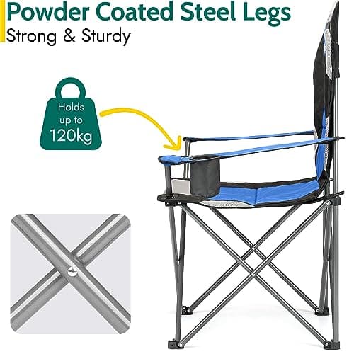Trail Kestrel High Back Folding Camping Chair – 2 Pack, Luxury Padded Seat with Breathable Mesh, Heavy Duty Tubular Steel Frame, Cup Holder Armrest, Lightweight & Portable with Carry Bag (Blue) — view 4