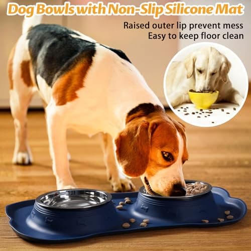 Hubulk 2 Stainless Steel Pet Dog Bowls with No Spill Non-Skid Silicone Mat + Pet Food Scoop Water and Food Feeder Bowls for Feeding Small Medium Large Dogs Cats (Medium, Navy Blue) — view 6