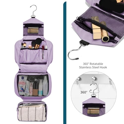 homchen Hanging Toiletry Bag Travel Kit for Men Women, Upgrade Large Capacity Wash Bag Makeup Bag with 4 Compartments, Foldable Compact Size (Light Purple) — view 3