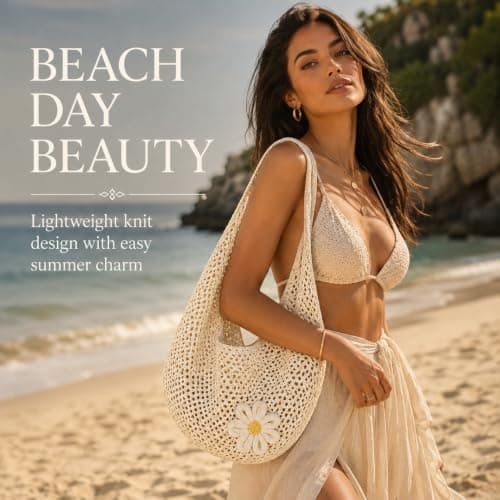 GEEKPC Woven Mesh Beach Tote - Women's Summer Holiday Shoulder Handbag with Daisy Applique, Lightweight Foldable Spacious Boho Accessory for Travel, Shopping, Beach Outings, and Daily Use (White) — view 2