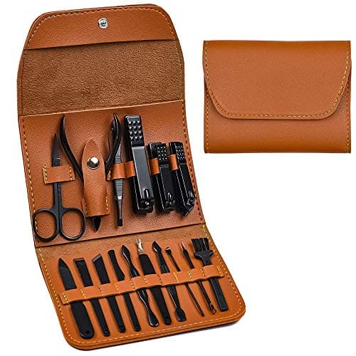 16 in 1 Upgraded Professional Manicure Pedicure Kit, Stainless Steel Nail Clippers Grooming Set with Luxurious Brown Leather Travel Case, Push-Button Closure for Hand Foot Facial Care Men Women