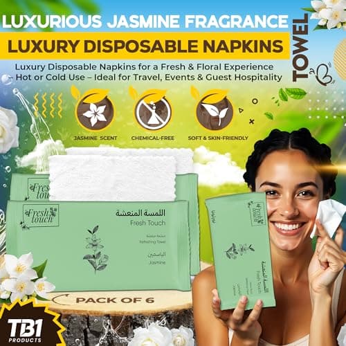 TB1 Products Luxury Towel Wipes 6 Pack – Large 25x25cm Towels – Individually Wrapped Soft Napkins for Face, Hands & Body – Hot or Cold Use for Travel, Events & Hospitality (6 Pack, Jasmine) — view 2