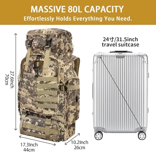 Vaupan Hiking Backpack, 80L Camping Military Tactical Backpack with USB Charging Port, Waterproof Large Travel Daypack Outdoor MOLLE Rucksack for Men Women (City Camo-Biner) — view 3
