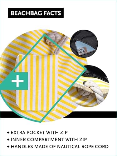DonDon Large Beach Bag for Women with Zip Waterproof Pool Bag Holiday Bag Maritime Stripes Yellow White — view 3