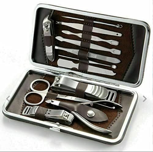 ALL IN HERE 12PCS MANICURE SET NAIL CARE KIT CLIPPER EARPICK GROOMING PEDICURE KIT MEN WOMEN, SILVER, MEDIUM