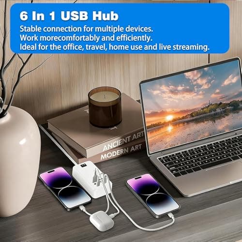 Powered USB Hub, Multi USB Charging Station 6 USB Ports Hub Strip Adapter 1.8M Long Power Cable Power Supply for PC Laptop Ultrabooks Desktops, with On/Off Switch Universal AC to DC Hubs, White — view 6