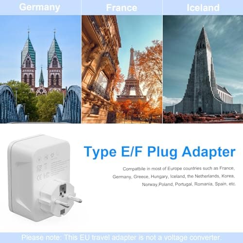 Herfair UK to European Plug Adapter,UK to EU Adaptor with 3 USB A & 1 USB C Ports,5 in 1 EU Grounded Europe Power Euro Plug for Spain France Iceland Germany Greece Poland(Type E/F) Gray — view 2