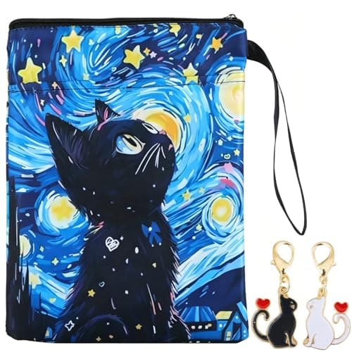 LHLZNB 3PCS Starry Night Black Cat Book Pouch Set, Waterproof Book Sleeve 22.3x29.5cm with 2 Alloy Cat Keychains Black White Heart for Book Lovers