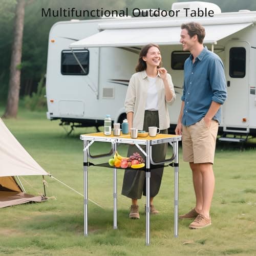 Anbte 2ft Camping Table Foldable, 3 Adjustable Heights High 27.5" Aluminum Small folding table with Carrying Handle, Portable, for Outdoor Indoor Picnic Beach BBQ Travel, 24" x 16", Light Oak Grain — view 2