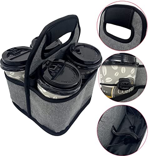 KOSTOO Portable Drink Carrier and Reusable Coffee Cup Holder for Hot or Cold Drinks, On-The-go Water Bottle Cup Caddy with Adjustable Elastic Fastening Strap, Gray (Gray-4 Pockets) — view 2
