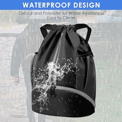 BROTOU Unisex Drawstring Backpack, Waterproof Gym Bag, Large Oxford PE Pack, Students School Backpack, Durable Sports Ball Bag, with Shoe Bag (A, Black) — view 5
