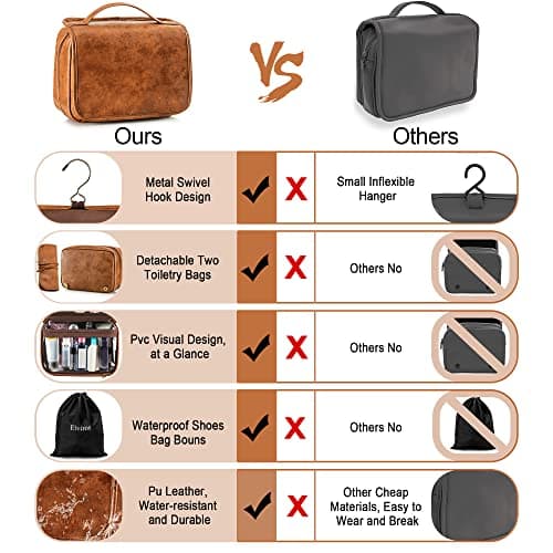 Elviros Hanging Toiletry Bag for Men, 3-in-1 PU Leather, Brown — view 5