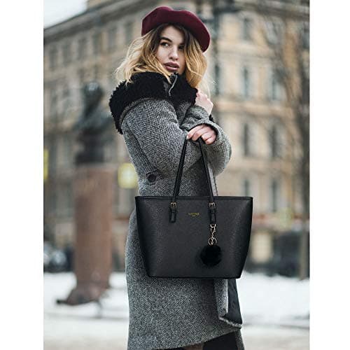 URAQT Women Handbag Tote Bag, 15.6 Inch PU Leather Shoulder Bag Laptop Bags with Adjustable Handle, Lightweight Stylish Designer Large Black Handbags for School Work Travel — view 2