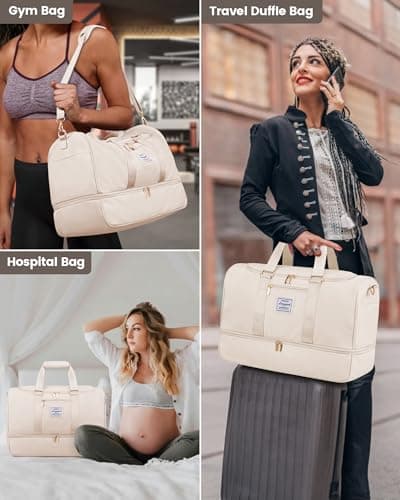 LOVEVOOK Travel Bags for Women, 50L Large Weekend Overnight Holdall Hospital Bags with Toiletry Bag, Shoe Compartment & Wet Pocket, Waterproof Cabin Hand Luggage Bag for Travel Gym Sports, Beige — view 6