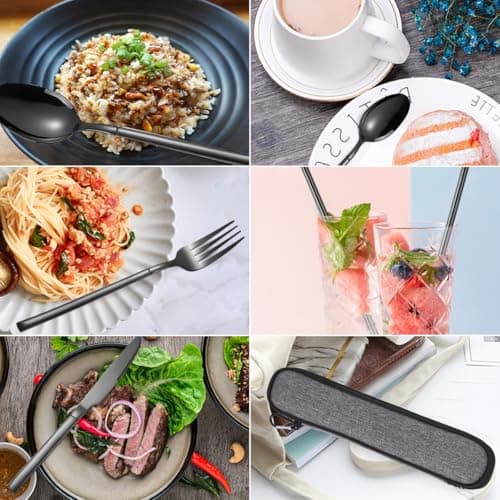 AARAINBOW Portable Cutlery Set for 1 Person, Stainless Steel Knife Fork Spoon Straw Set. 6-Piece Flatware Set with Bag, Suitable for Travel Camping Work, Dishwasher Safe, Black — view 4